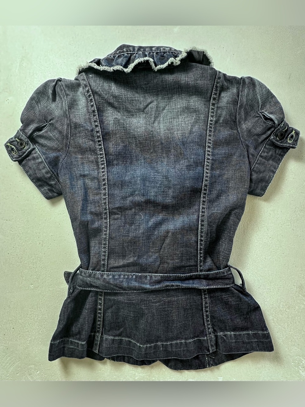 Guess Jeans Dark Denim Ruffled Short-Sleeve Jacket - Picture 2 of 9